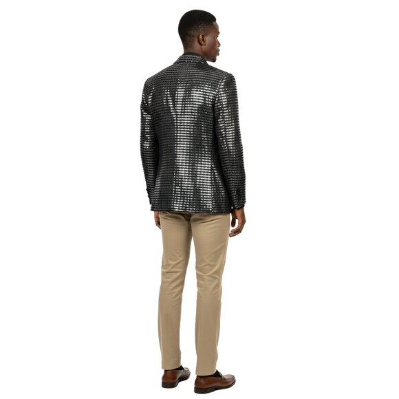 Empire™ Metallic Stripe Sequin Peak Lapel Hybrid Fit Blazer, Silver & Black - Picture 5 of 5